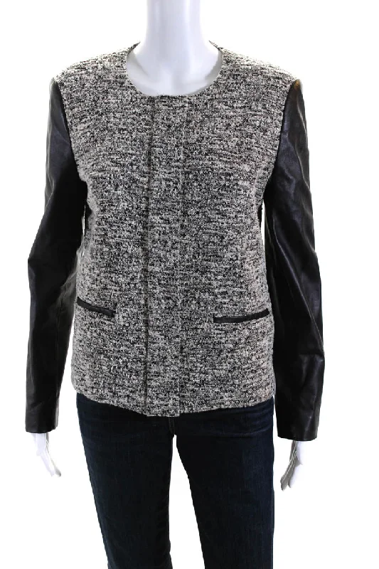 Hunting JacketsBarneys New York Womens Crew Neck Leather Trim Knit Jacket Black Gray Medium