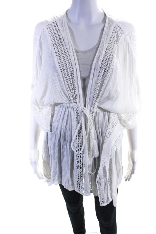 Statement JacketsElan Wonens Short Sleeve Tie Front Tassel Kimono White