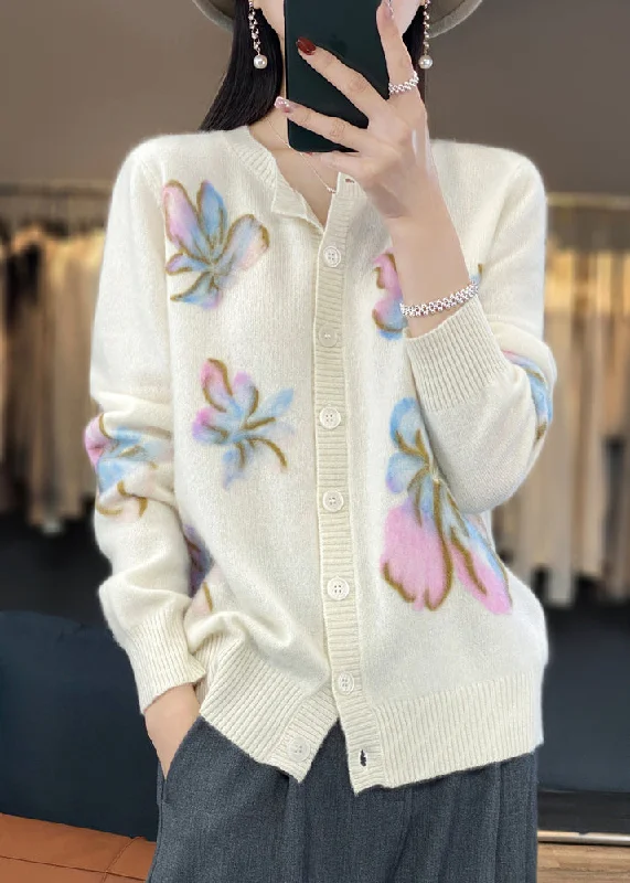 Beaded JacketsFloral White O Neck Button Cotton Knit Coat Spring