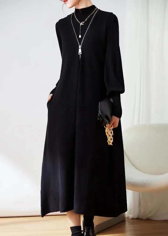 Pea CoatsFrench Black Zippered Waistcoat Dresses And Top Knit Two-Piece Set Winter