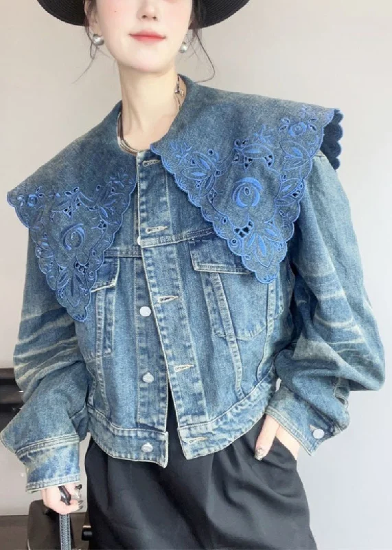 Band Merch JacketsFrench Blue Peter Pan Collar Hollow Out Denim Coat Spring