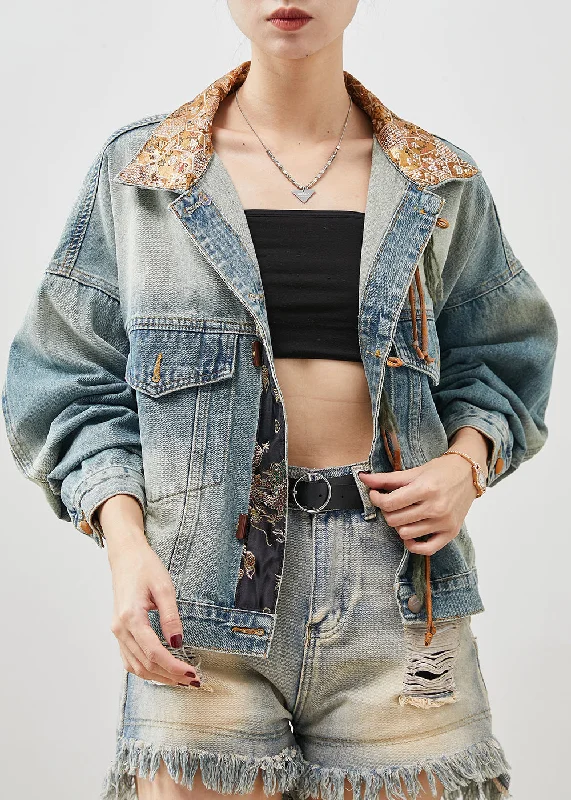 Work JacketsFrench Blue Tasseled Patchwork Denim Jacket Spring