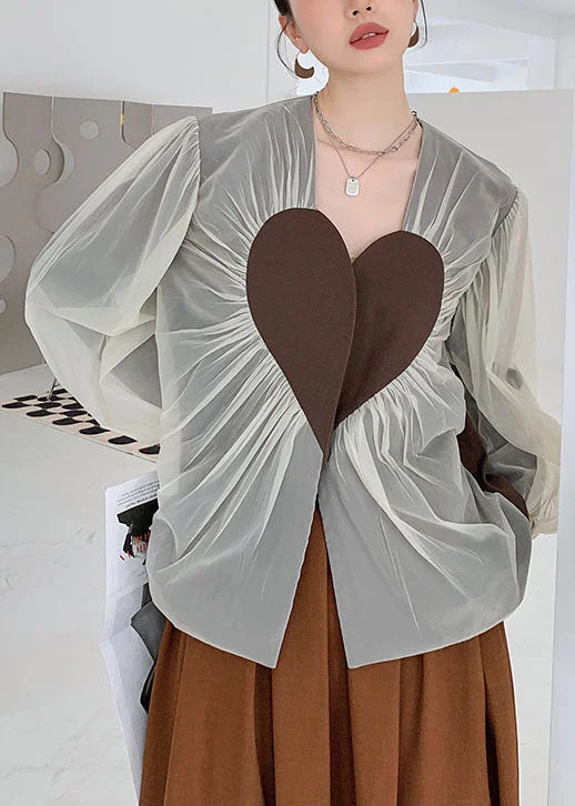 Pea CoatsFrench Colorblock heart Patchwork Wrinkled Tulle Coats Spring