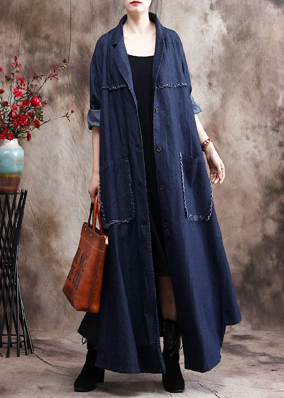 Nylon JacketsFrench Denim Blue Peter Pan Collar Patchwork Tassel Cotton Trench Coats Long Sleeve