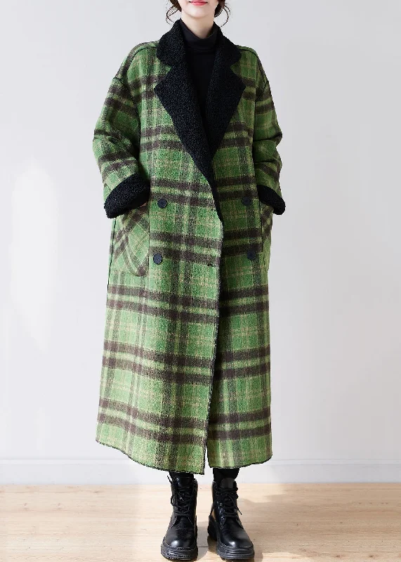 Metallic JacketsFrench Green Plaid Notched Wear On Both Sides Warm Fleece Faux Fur Trench Coats Long Sleeve