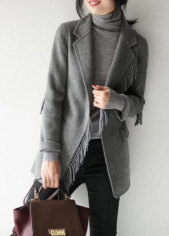 Studded JacketsFrench Grey Notched Tassel Solid Woolen Blend Coat Fall