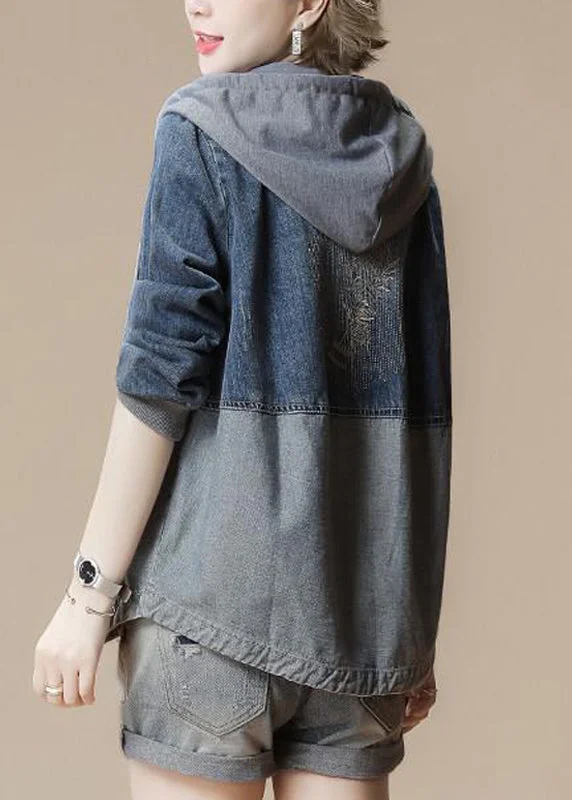 Hemp JacketsFrench Grey Zippered Patchwork Hoodie Denim Coats Fall