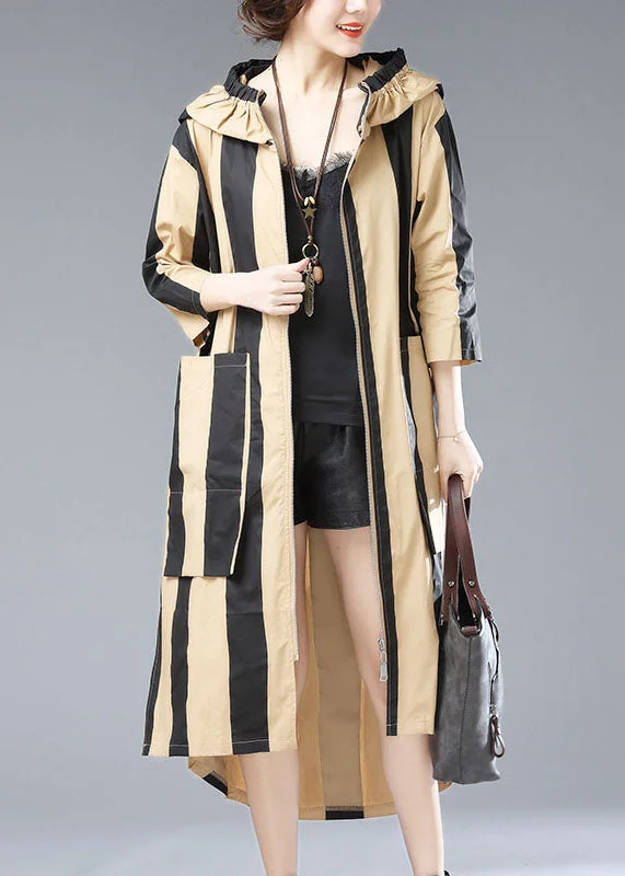 Zippered JacketsFrench Khaki Hooded Striped Pockets Patchwork Cotton Long Trench Coats Fall