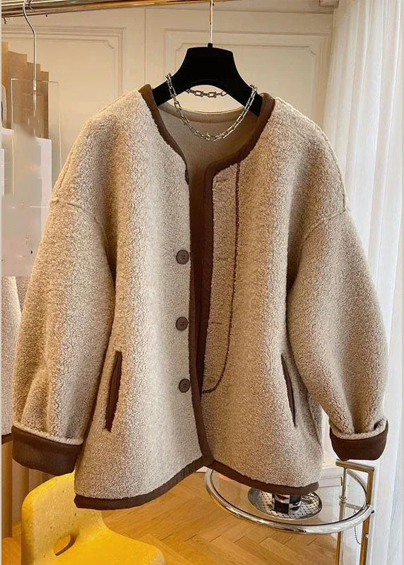 Embellished JacketsFrench Khaki O-Neck Patchwork Button Faux Fur Coats Winter