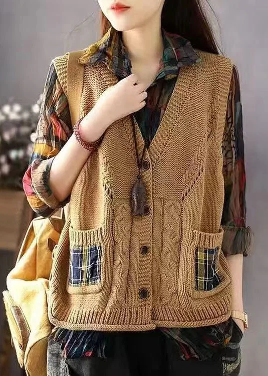 Puffer JacketsFrench Khaki V Neck Button Pockets Cotton Knit Waistcoat Sleeveless