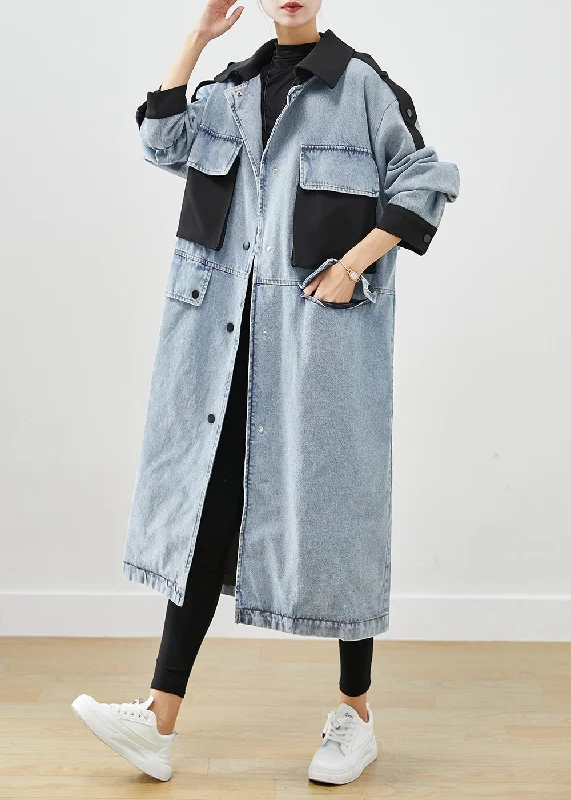 Cropped JacketsFrench Light Blue Peter Pan Collar Patchwork Pockets Denim Coats Fall