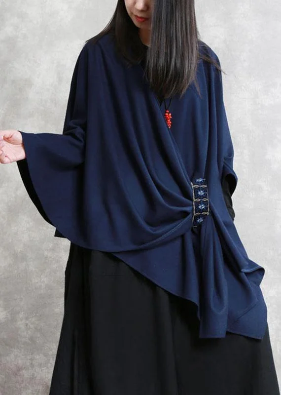 Insulated JacketsFrench Navy Embroideried Asymmetrical Design Fall Cloak Sleeves Coat