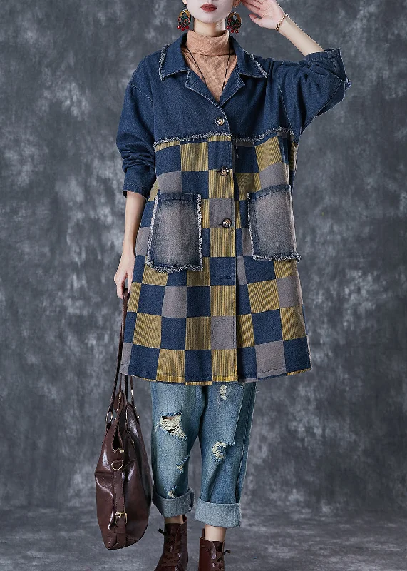 Wool JacketsFrench Navy Oversized Patchwork Plaid Denim Coats Fall