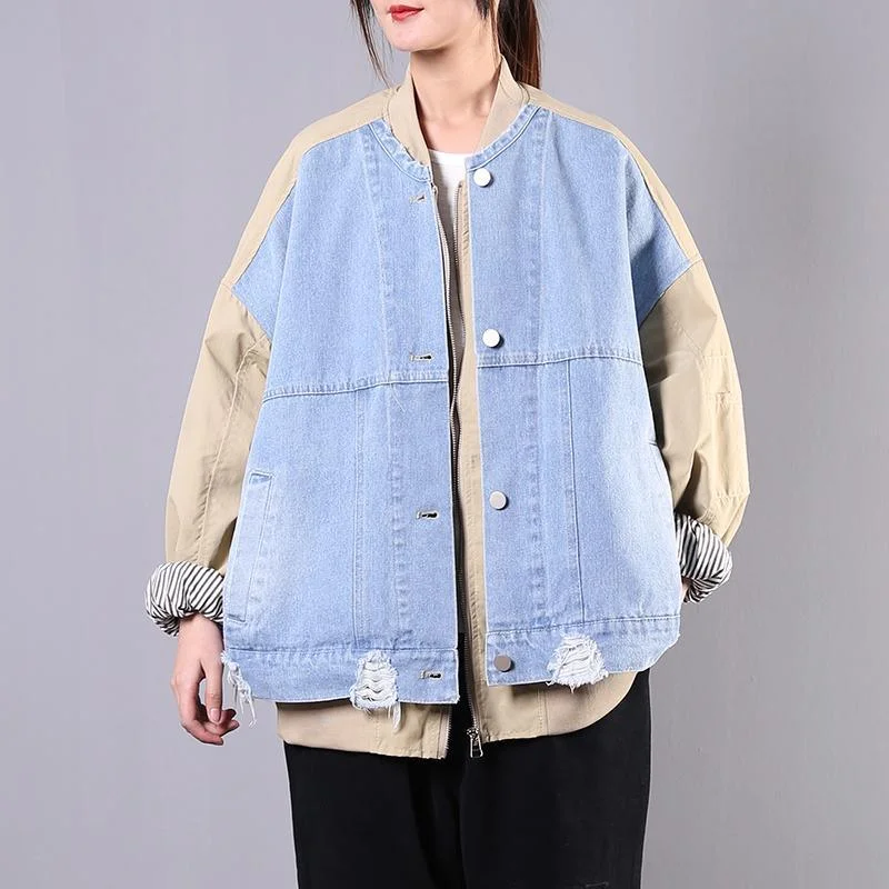 Thermal JacketsFrench patchwork Batwing Sleeve cotton linen tops women Work blue coat