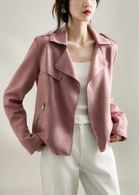 Hiking JacketsFrench Pink Lapel Oversized Faux Suede Jacket Fall