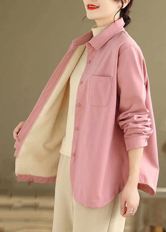 Button-Up JacketsFrench Pink Oversized Pockets Fleece Wool Lined Coats Winter