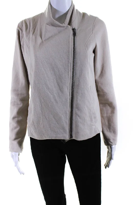 Cropped JacketsHelmut Lang Womens Front Zip Quilted Trim Crew Neck Jacket Beige