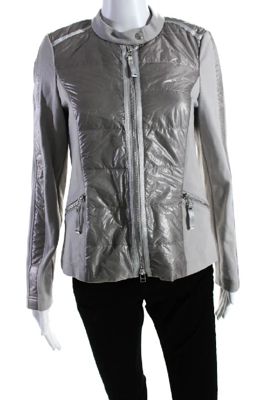 Linen JacketsI' Cona Womens Full Zipper Crew Neck Long Sleeves Jacket Platinum Gray