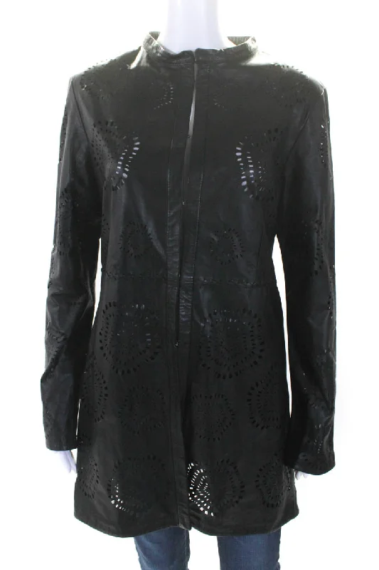 Leather JacketsIn Transit Womens Laser Cut Long Hook & Eye Leather Jacket Black