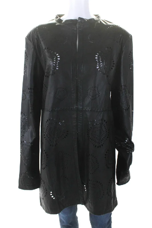 Ruffled JacketsIn Transit Womens Laser Cut Long Hook & Eye Leather Jacket Black