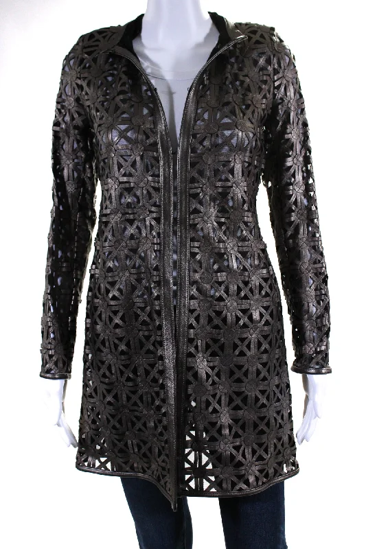 Canvas JacketsIn Transit Womens Laser Cut Metallic Mesh Leather Jacket Brown Black