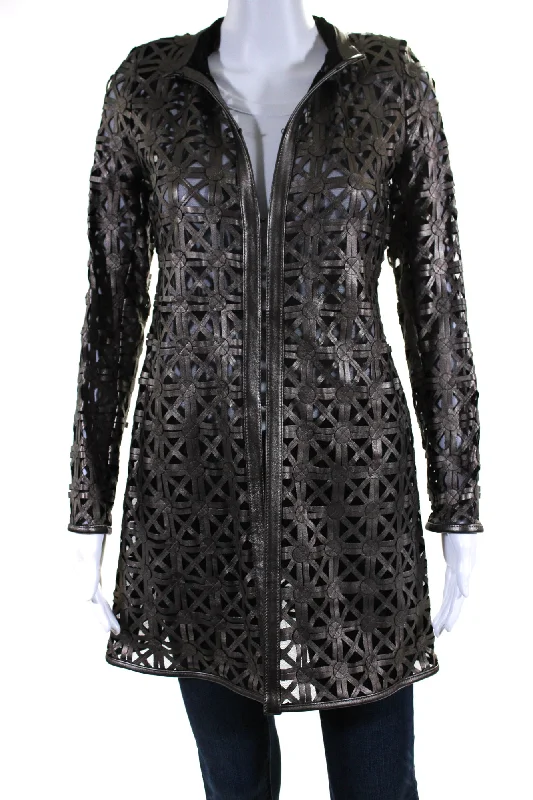 Tasseled JacketsIn Transit Womens Laser Cut Metallic Mesh Leather Jacket Brown Black