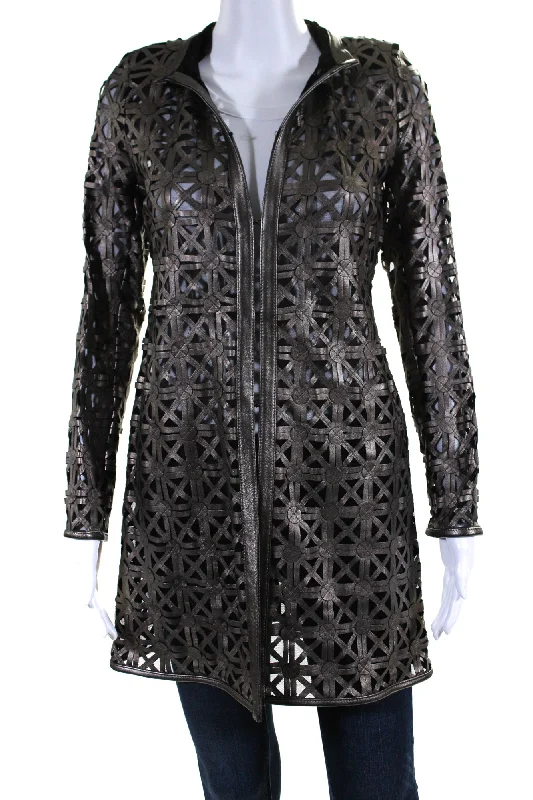 Zippered JacketsIn Transit Womens Laser Cut Metallic Mesh Leather Jacket Brown Black