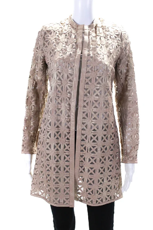 Leather-Paneled JacketsIn Transit Womens Metallic Laser Cut Leather Mesh Hook & Eye Jacket Beige Small