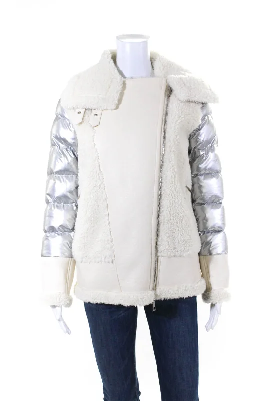 Tasseled JacketsJocelyn Womens Silver White Faux Fur Cowl Neck Long Sleeve Puffer Coat