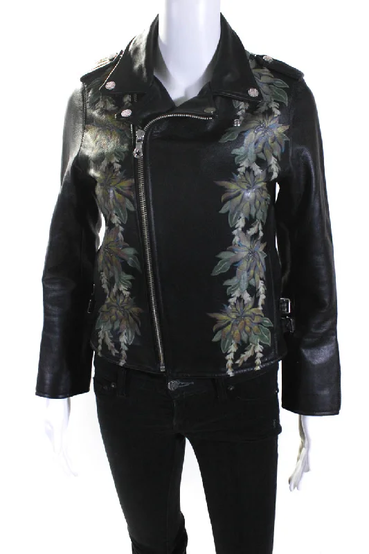 Down JacketsPhenomenon Womens Front Zip Collared Leather Jacket Black Multi