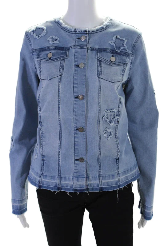 Safari JacketsRenuar Womens Cotton Denim Star Embroidery Button Down Jean Jacket Blue