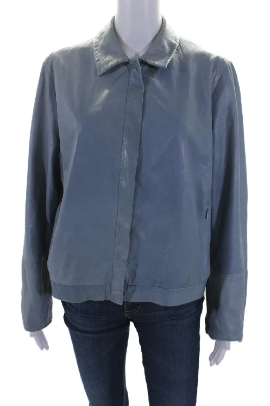 Cotton Jackets'S Max Mara Womens Leather Full Zipper Long Sleeves Jacket Blue