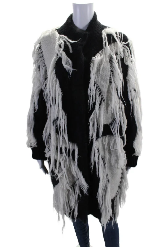 Motorcycle JacketsSalvatore Ferragamo Womens Black White Fringe Textured Long Sleeve Jacket