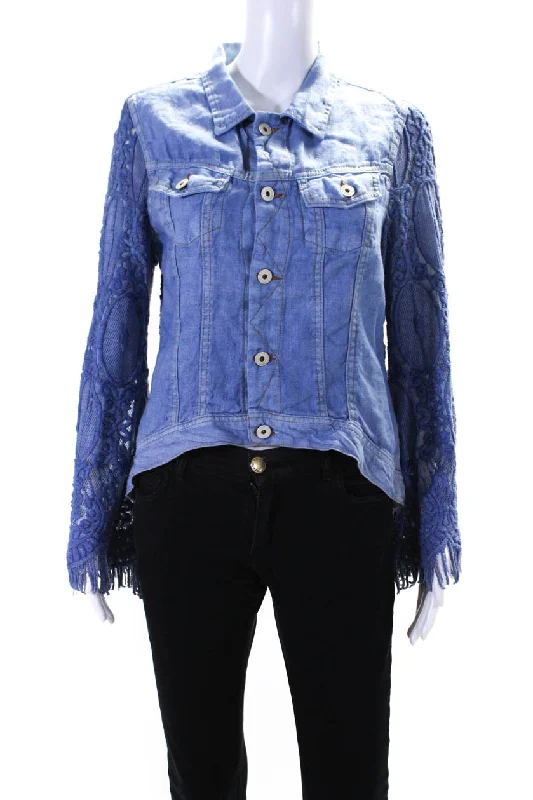 Beaded JacketsSunday Tropez Womens Elvis Mesh Embroidered Sleeve Linen Jacket Blue