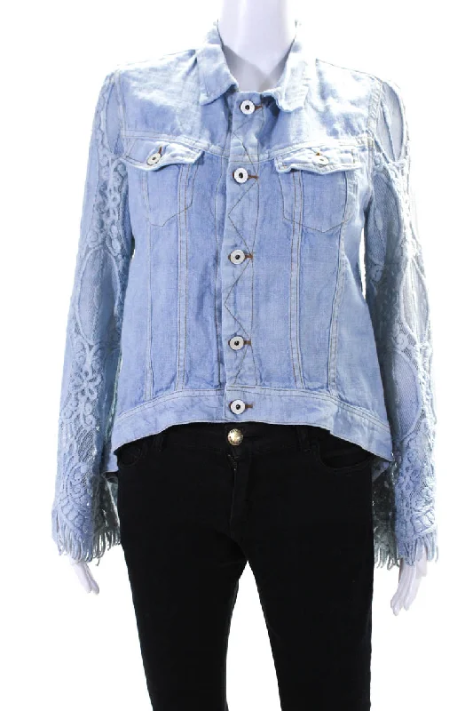 Retro JacketsSunday Tropez Womens Elvis Mesh Embroidered Sleeve Linen Jacket Light Blue Small