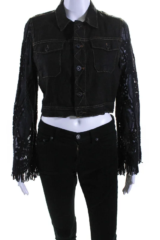 Metallic JacketsSunday Womens Lennon Mesh Embroidered Sleeve Linen Crop Jacket Black