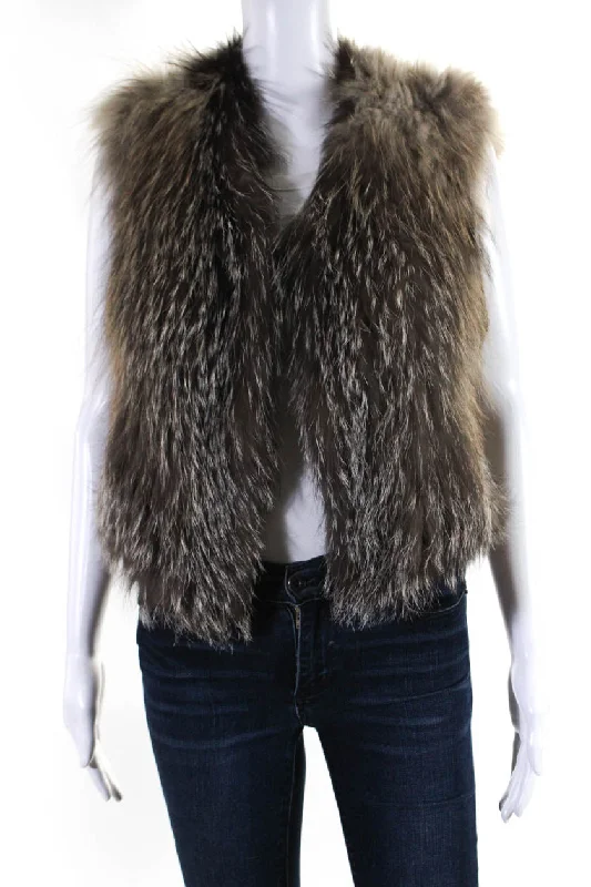 Ribbed Cuff JacketsVince Womens Hook Front V Neck Knitted Fox Fur Vest Jacket Brown