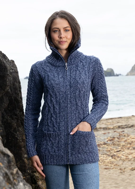 Aran Claddagh Zip Cardigan | Denim MarlHooded Knit Tops