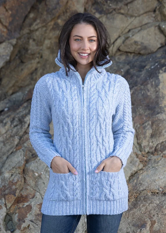 Aran Claddagh Zip Cardigan | Sky BlueZippered Knit Tops