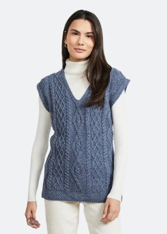 Aran V Neck Slipover Vest | Denim - ClearanceCashmere Knit Tops