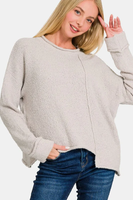 Asymmetric Hem Drop Shoulder SweaterRibbed Cuff Knit Tops