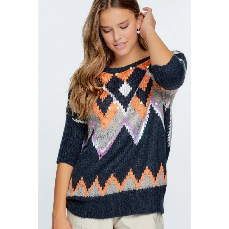 Aztec Pattern With Glitter Accent SweaterStriped Knit Tops