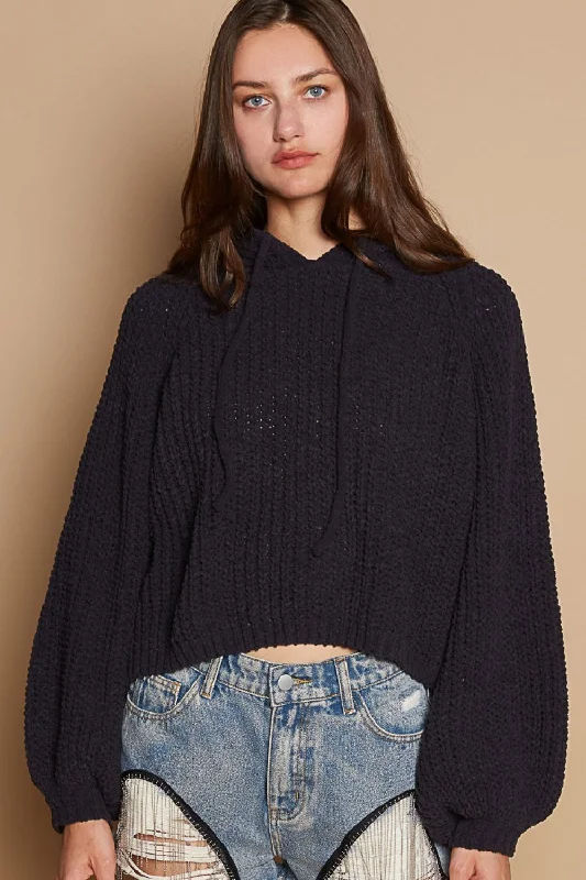 Back Open Slit Balloon Sleeve Crop Hooded SweaterBoat Neck Knit Tops