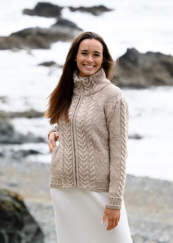 Cable Knit Aran Cardigan | CamelPainted Knit Tops