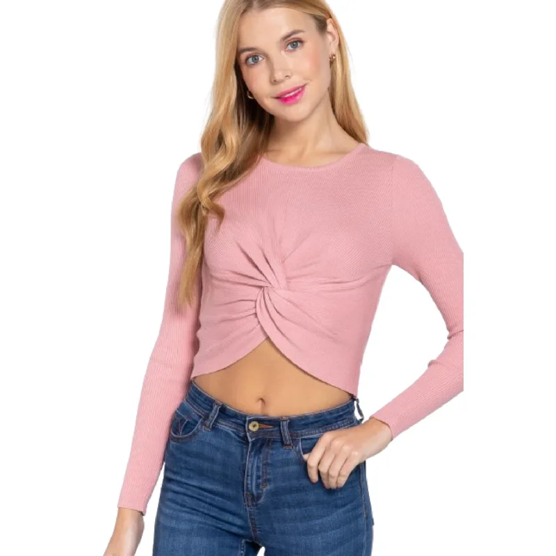 Crew Neck Knotted Crop SweaterGlitter Knit Tops