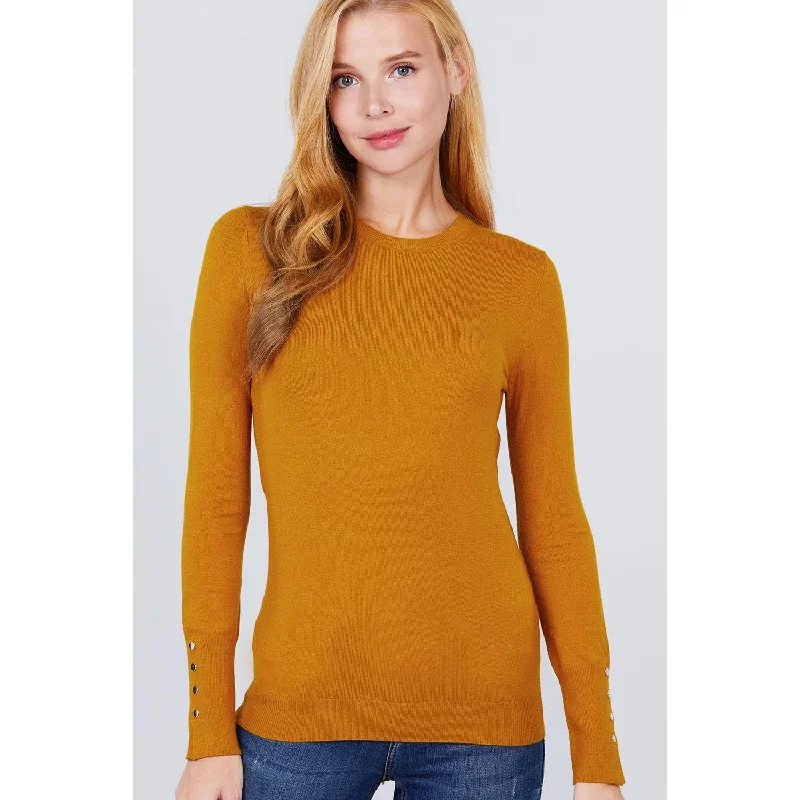 Crew Neck Sweater W/rivet ButtonFleece Knit Tops