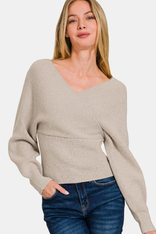 Cross Wrap Rib Long Sleeve SweaterScoop Neck Knit Tops