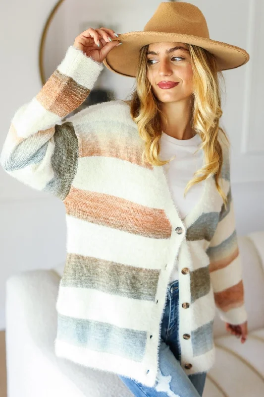 Full Size Button Down Stripe Soft Fuzzy Sweater CardiganColorblock Knit Tops