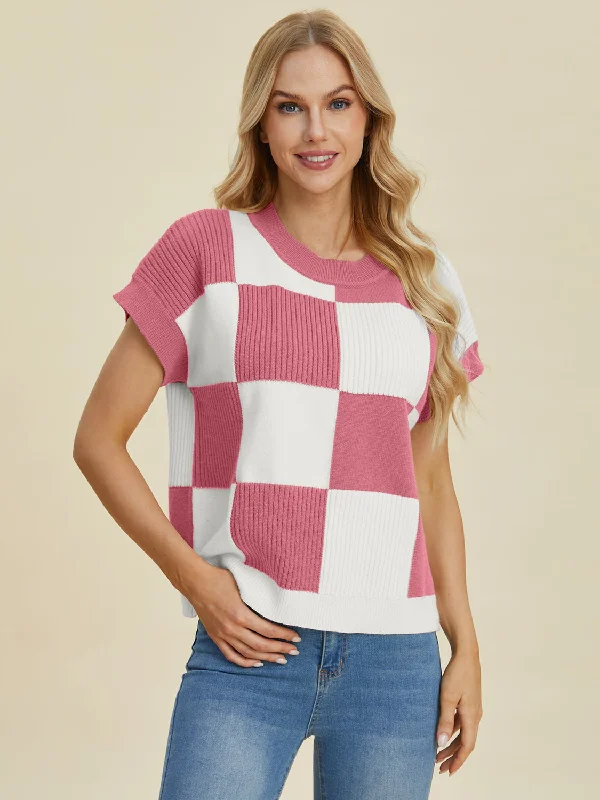 Full Size Checkered Round Neck Short Sleeve SweaterScoop Neck Knit Tops