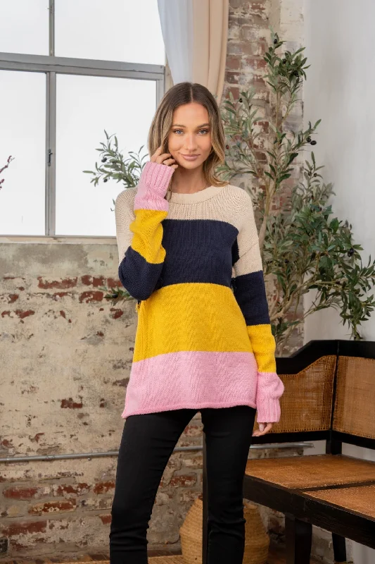 Full Size Color Block Exposed Seam SweaterCropped Knit Tops